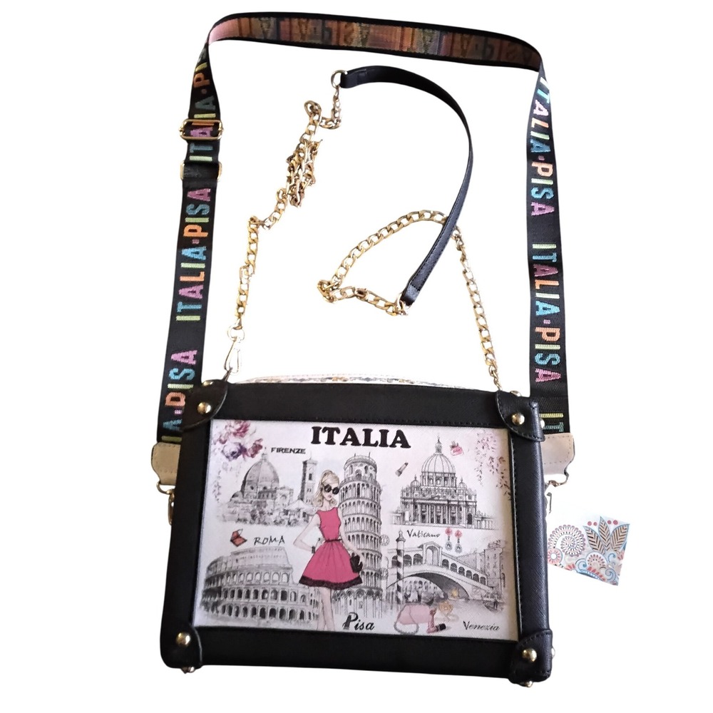 Italia Travel Theme Crossbody Bag Black Gold Chain Strap